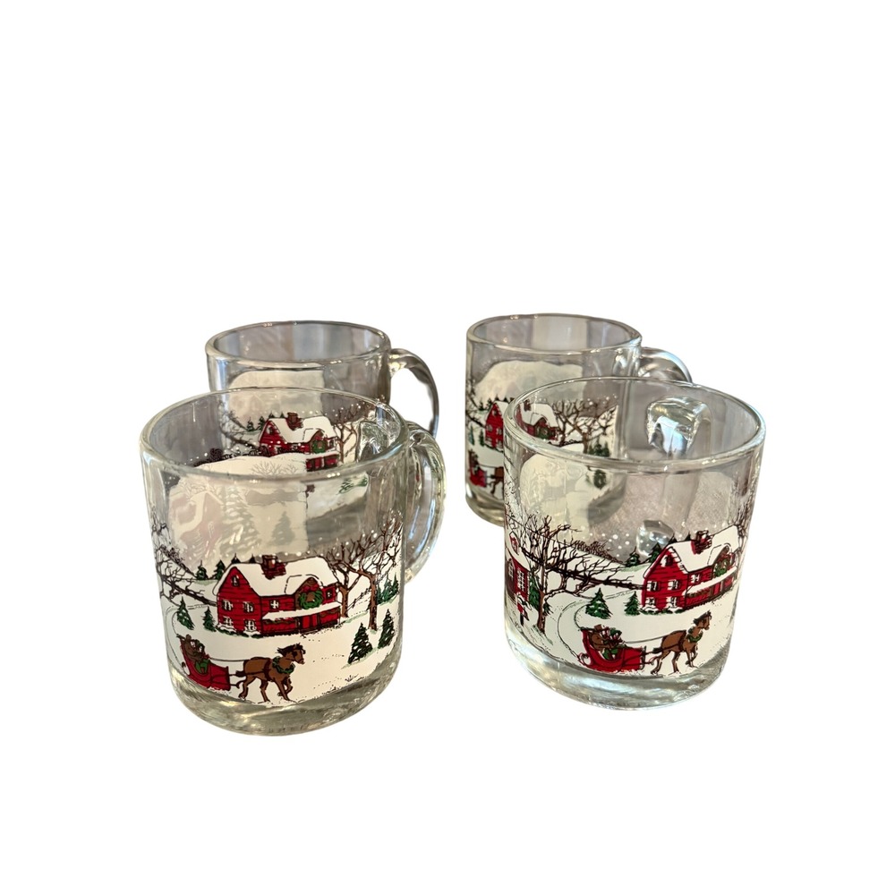 Vintage Libbey Christmas Glass Mugs Set of 4 Winter Sleigh Red Farmhouse USA